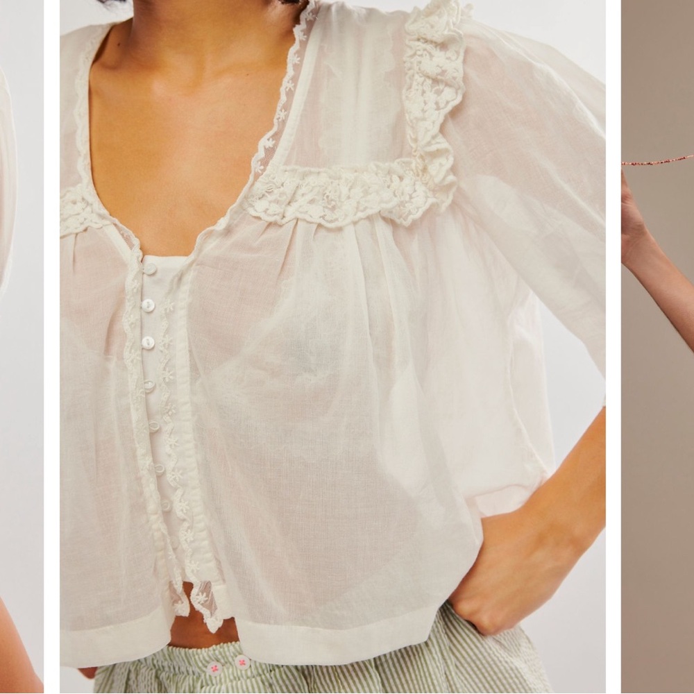 Free People Ivory Sheer Ruffle-Trim Button Front Blouse